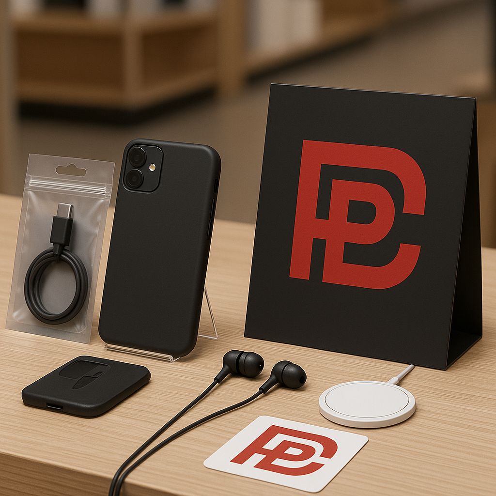 PhoneCoverPro accessories flatlay with box
